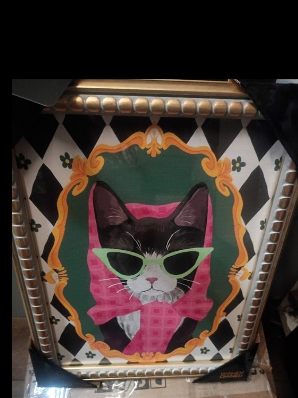 sapna Shah Stylish Cat Wall Art Print with Pink Scarf and Green Sunglasses